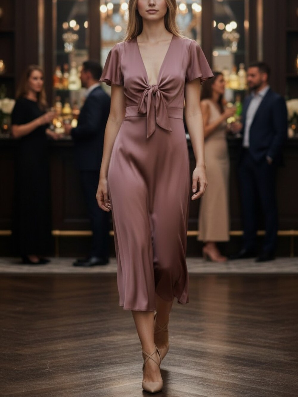 Baltic Born Satin Flutter Sleeve Tie Front Midi Dress Copper Mauve Small Party